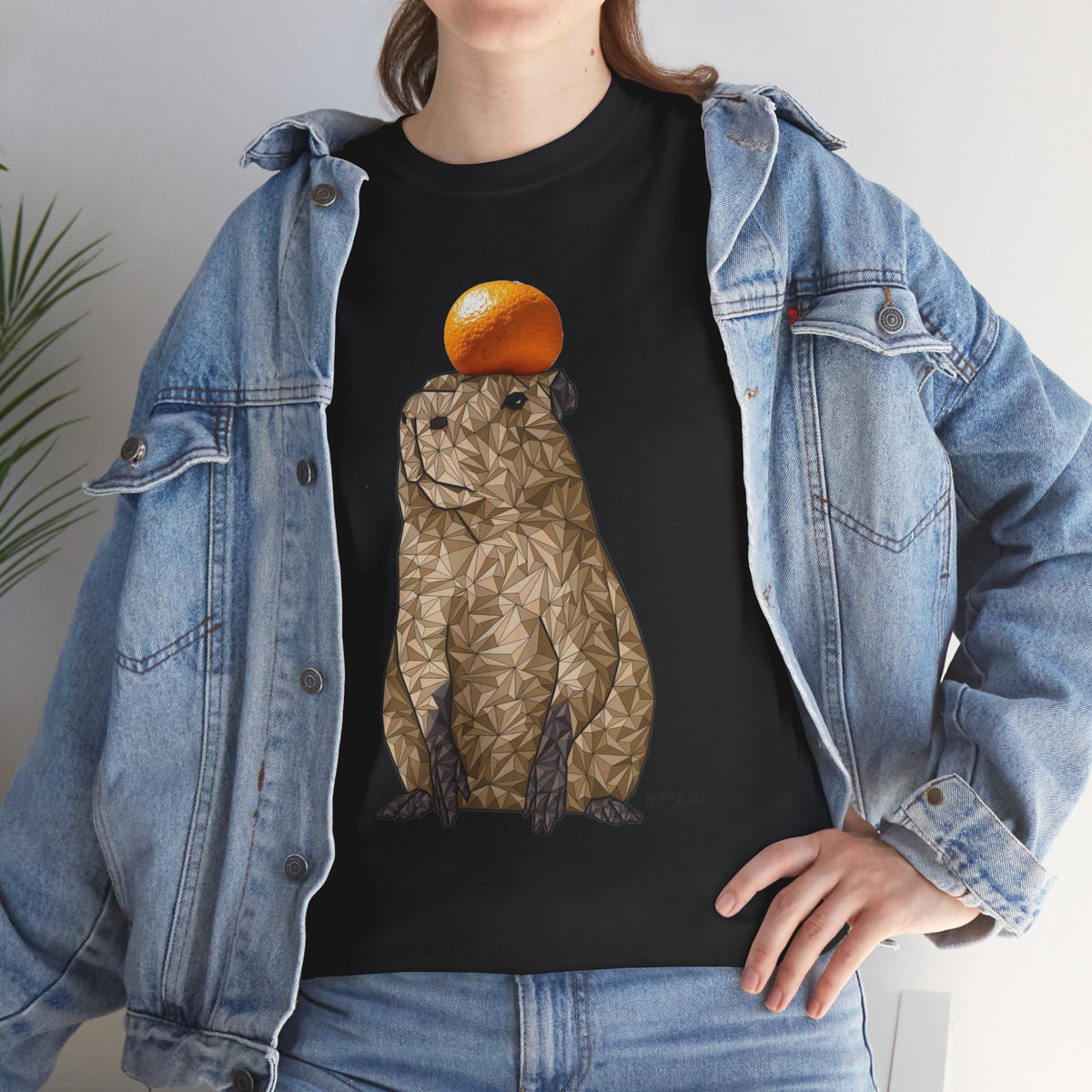 Unisex graphic T-shirt, black crewneck with capybara and orange top print