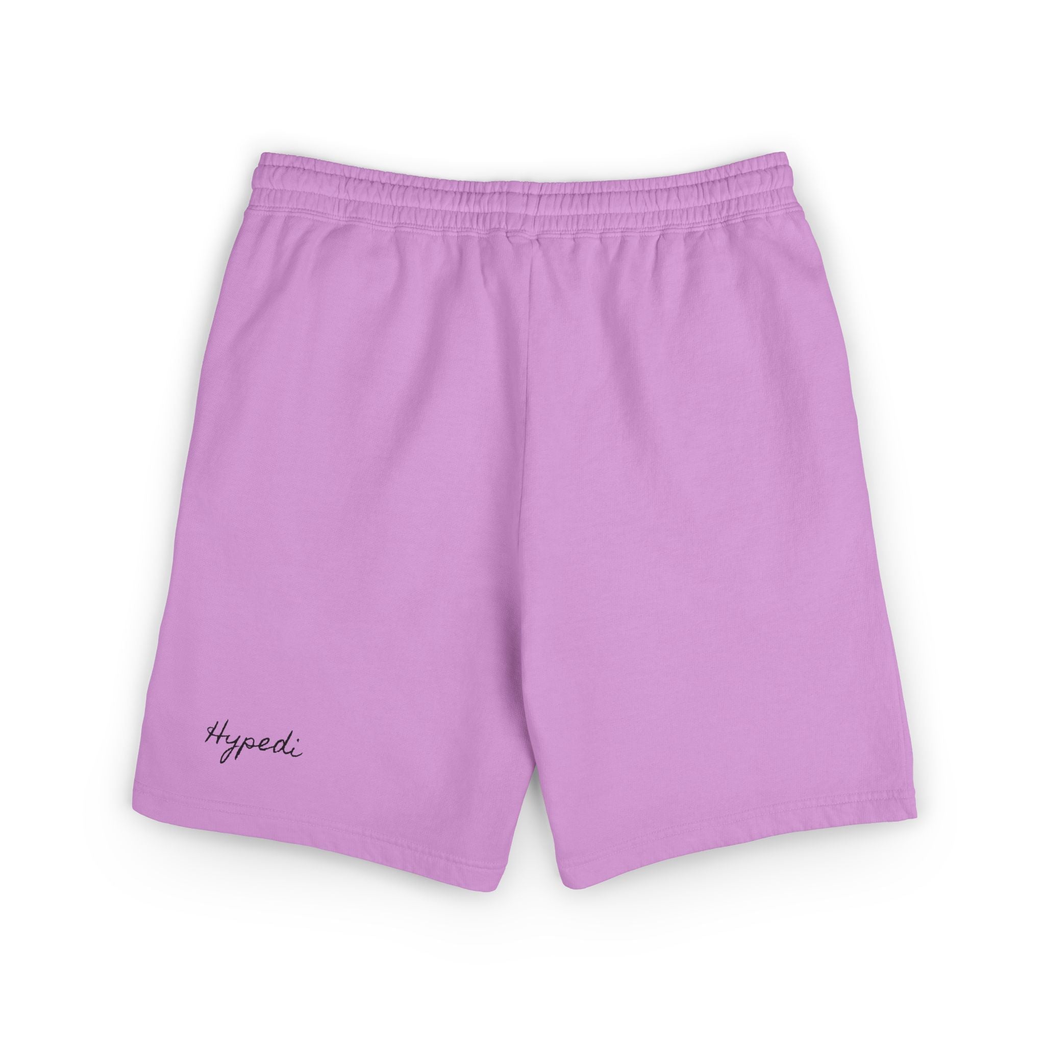 Purple sweat shorts with elastic waistband and Hypeedi script on left hem