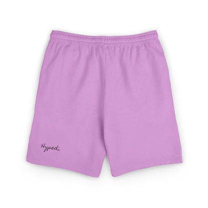 Purple sweat shorts with elastic waistband and Hypeedi script on left hem