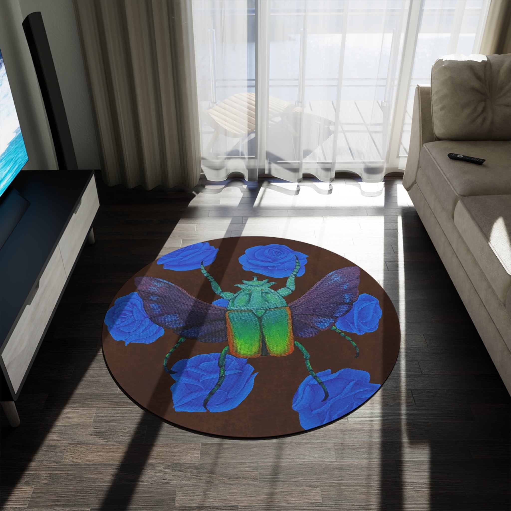 Round rug with green beetle centered among blue roses on dark brown