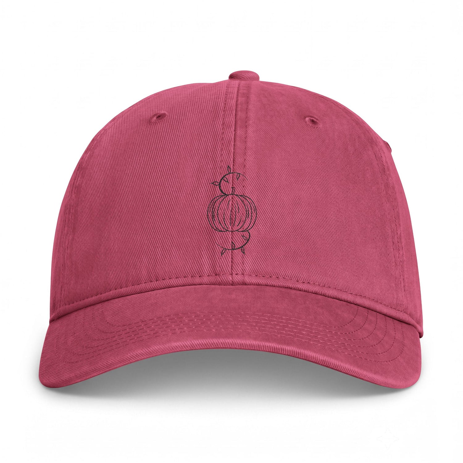 Washed baseball cap in dusty rose with embroidered pumpkin on front
