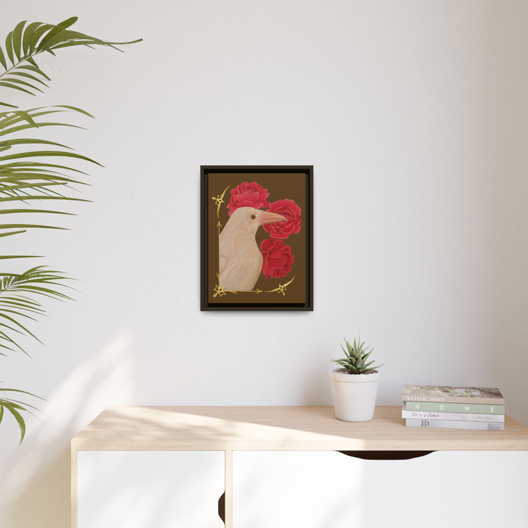 Framed matte canvas print with white bird and red peonies, small black frame
