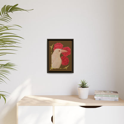 Framed matte canvas print with white bird and red peonies, small black frame