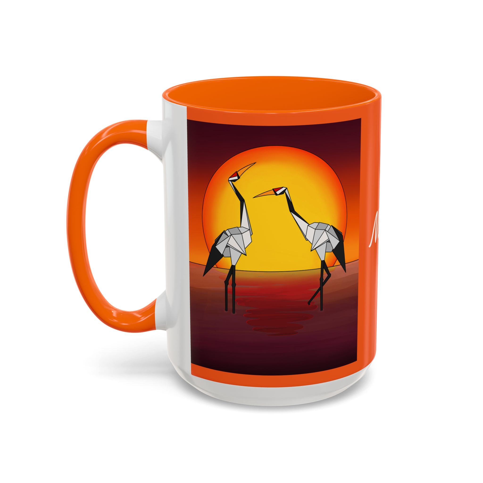 Orange coffee mug with origami crane sunset print and orange handle, side view.