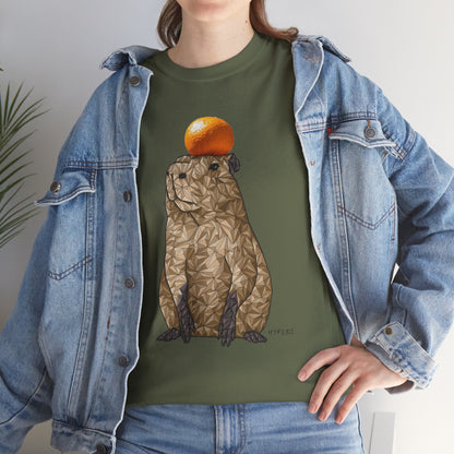 Olive green unisex cotton T-shirt with capybara graphic under denim jacket