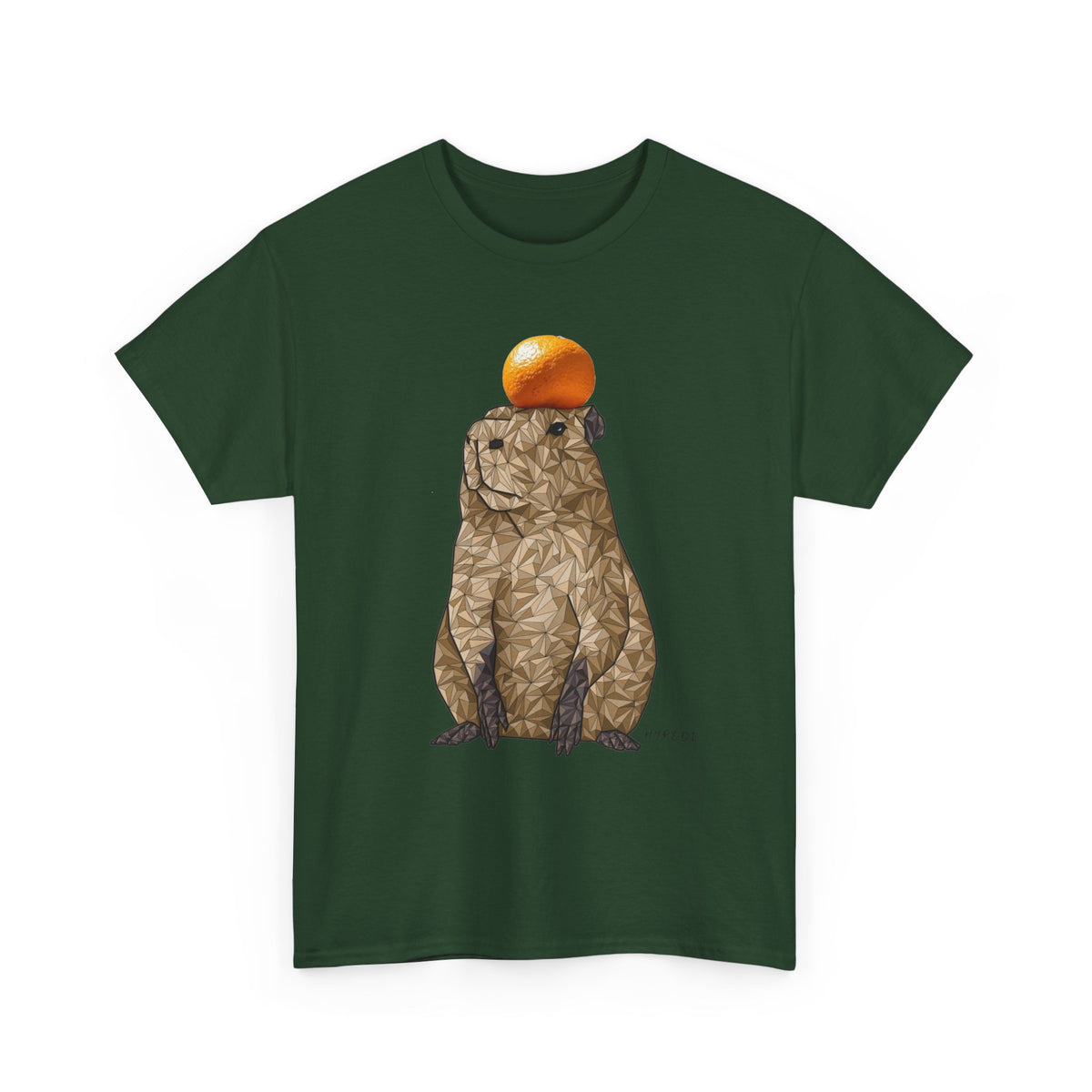 Olive green unisex cotton T-shirt front with capybara and orange fruit artwork