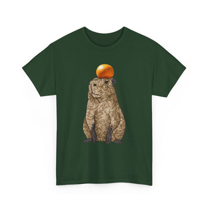 Olive green unisex cotton T-shirt front with capybara and orange fruit artwork