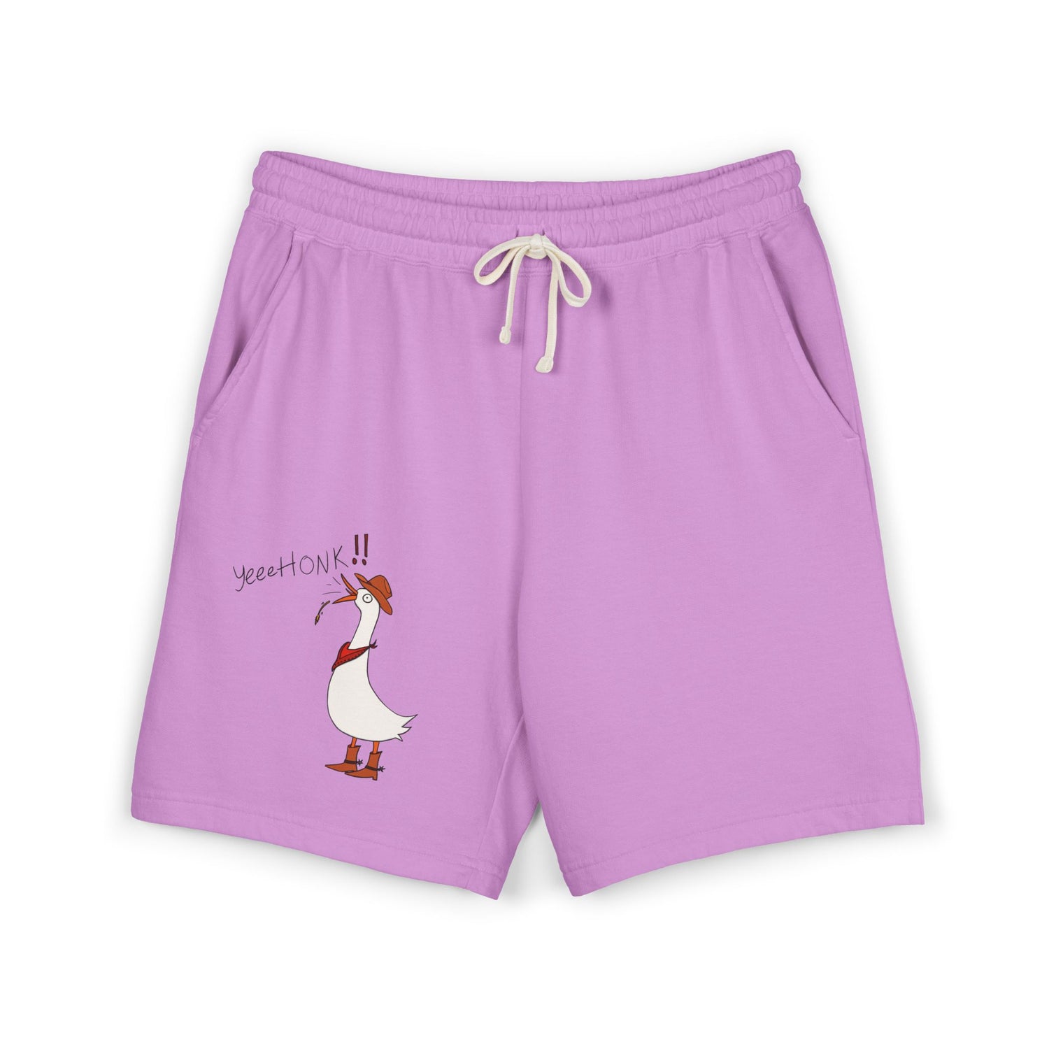 Neon violet graphic sweat shorts with drawstring waistband and cartoon goose print