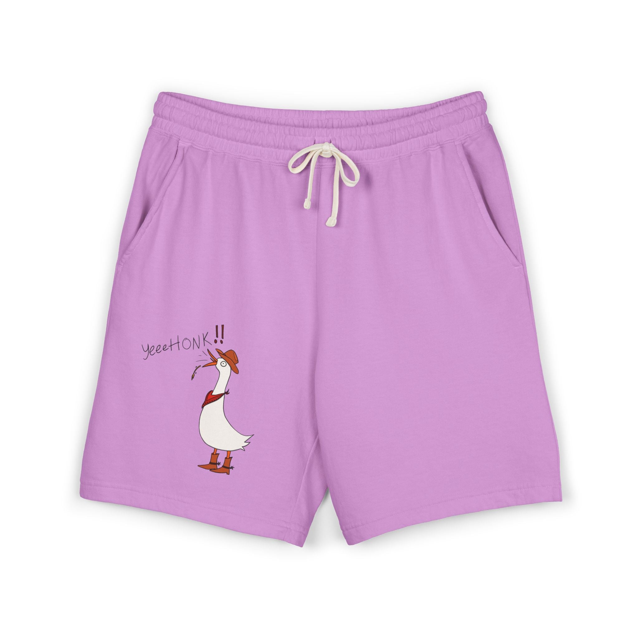 Neon violet graphic sweat shorts with drawstring waistband and cartoon goose print