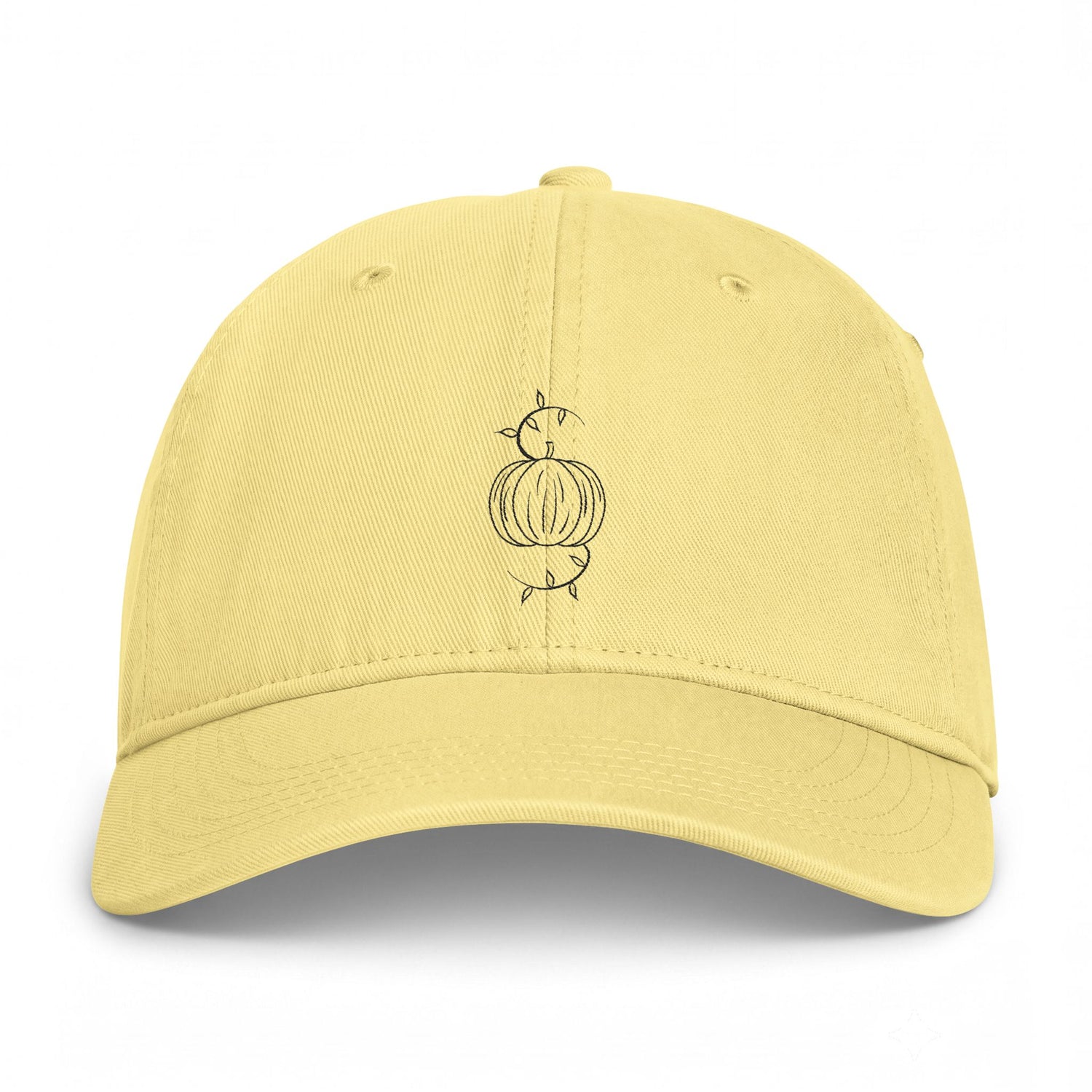 Buttery yellow washed baseball cap with embroidered pumpkin graphic and eyelets