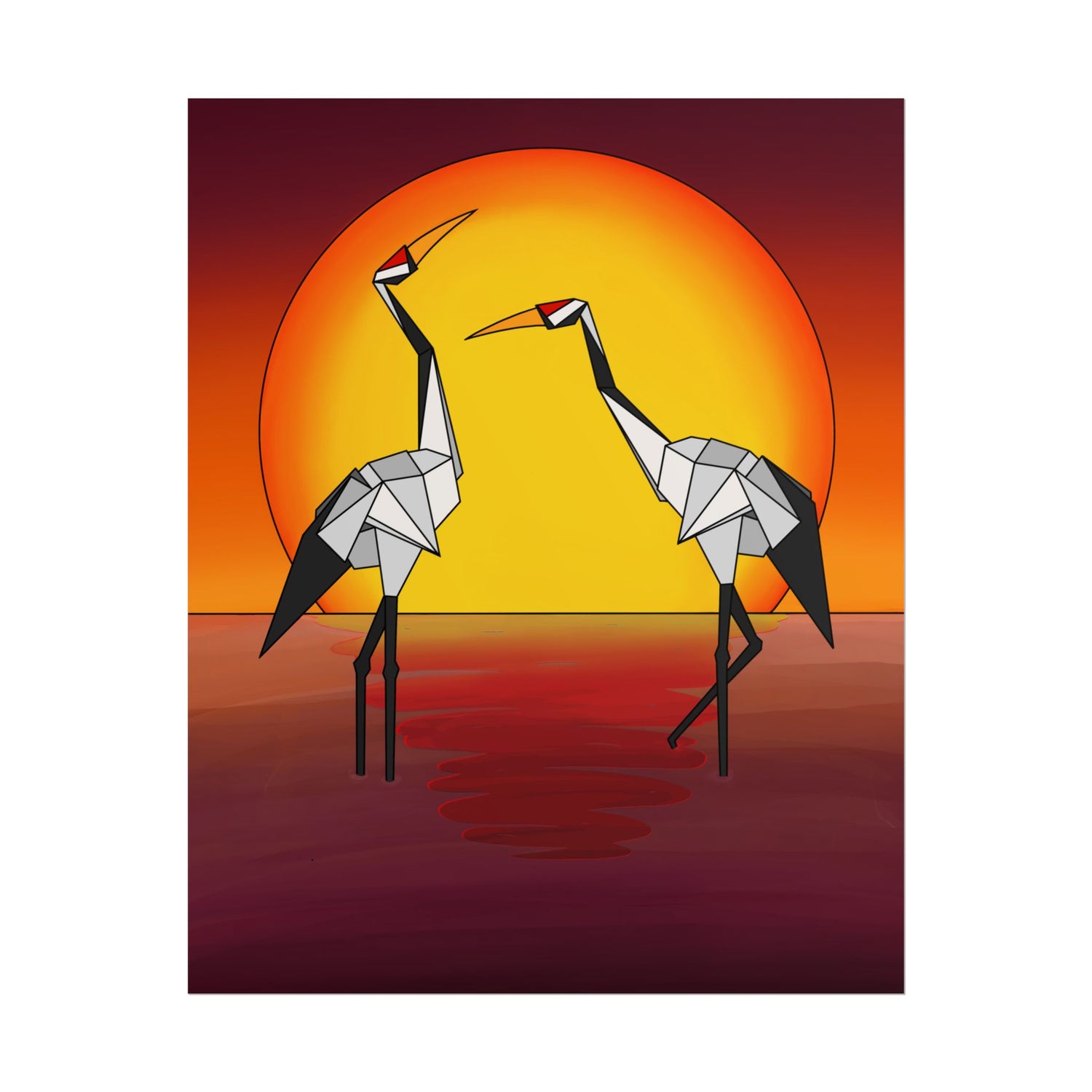 Origami cranes sunset poster showing two origami cranes framed by a glowing sun