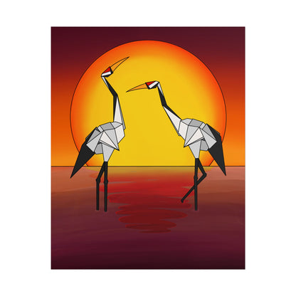 Origami cranes sunset poster close view of two cranes under an orange sun halo