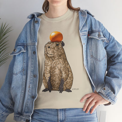 Unisex heavy cotton T-shirt in natural beige with capybara and orange fruit print