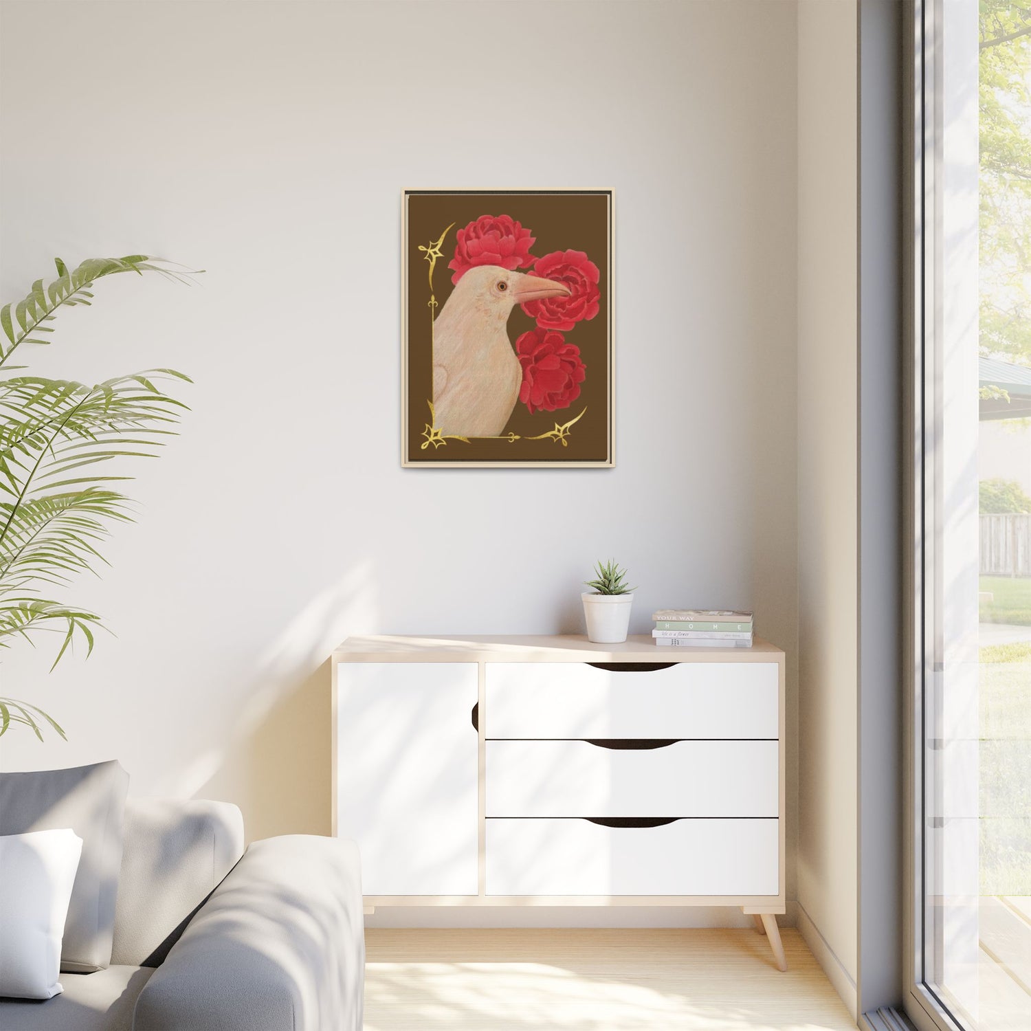 Framed matte canvas print with white bird and red peonies, small black portrait frame