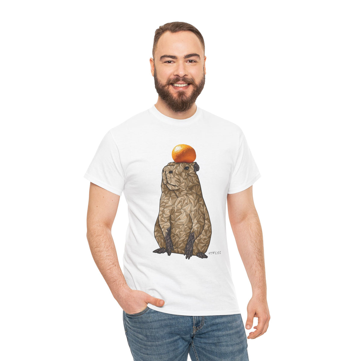 Unisex graphic T-shirt, white crewneck with capybara and orange top graphic