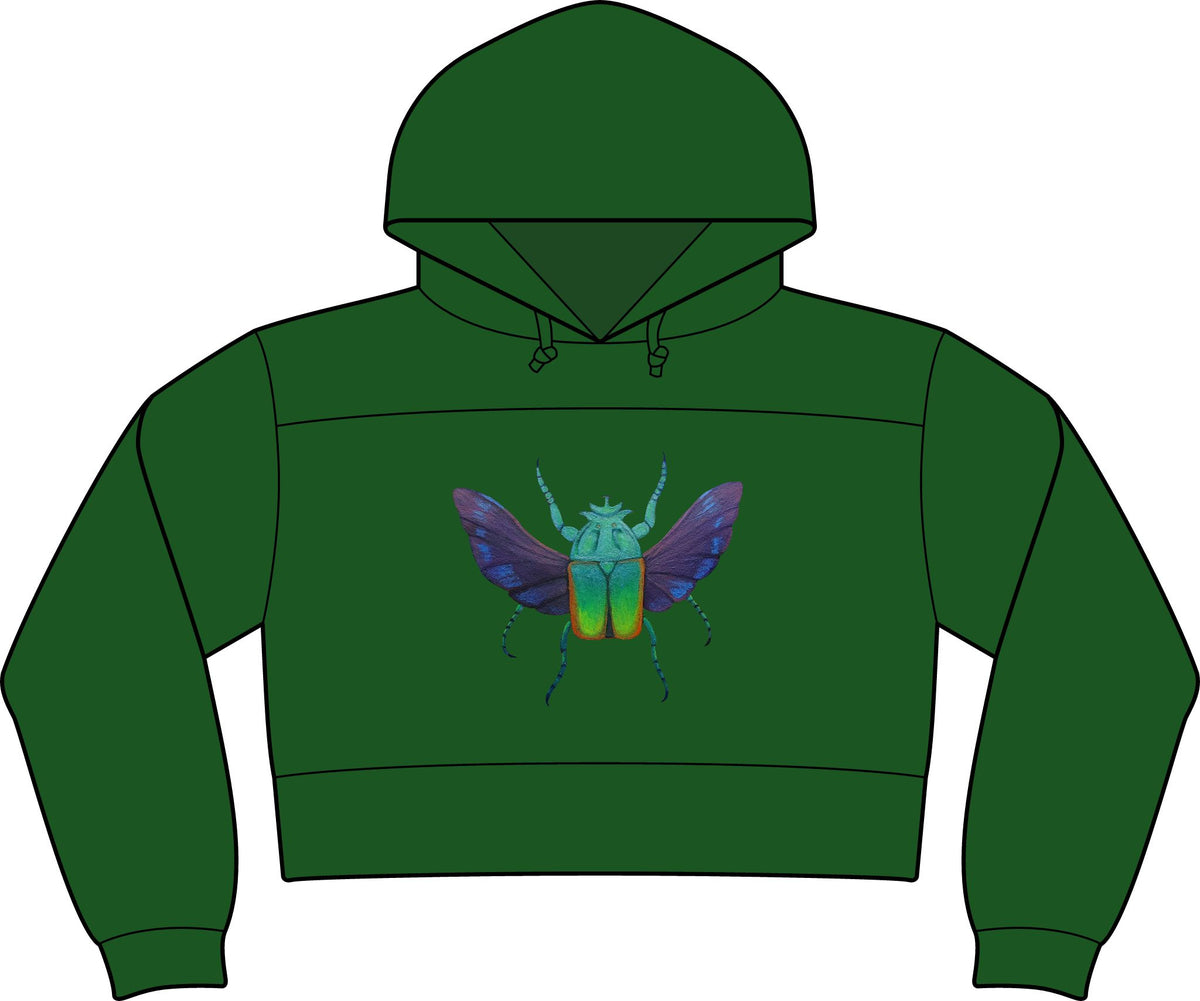 Cropped fleece hooded sweatshirt in green, featuring insect graphic and front pocket.