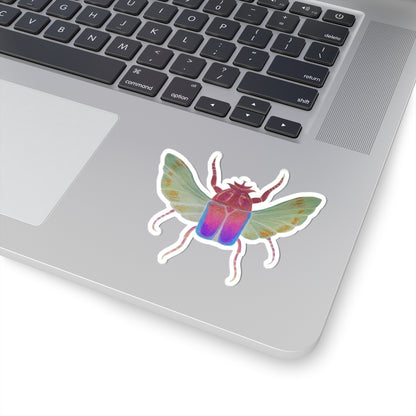 Small iridescent beetle kiss-cut sticker with rainbow body, wings, and white outline