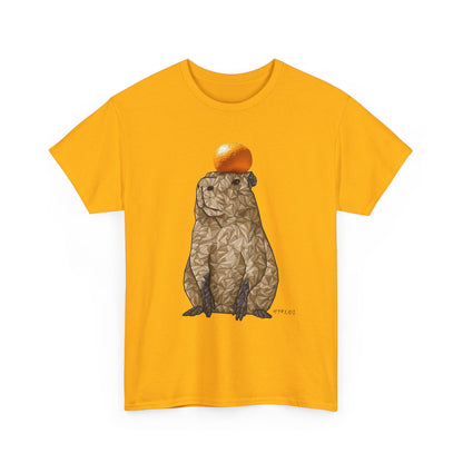 Unisex heavy cotton T-shirt, solid orange, capybara holding an orange on chest