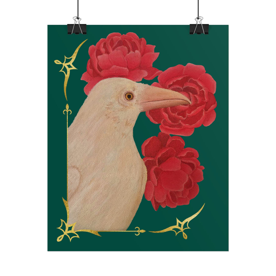 Ivory raven bird and red peonies art print poster with gold ornamental border, teal
