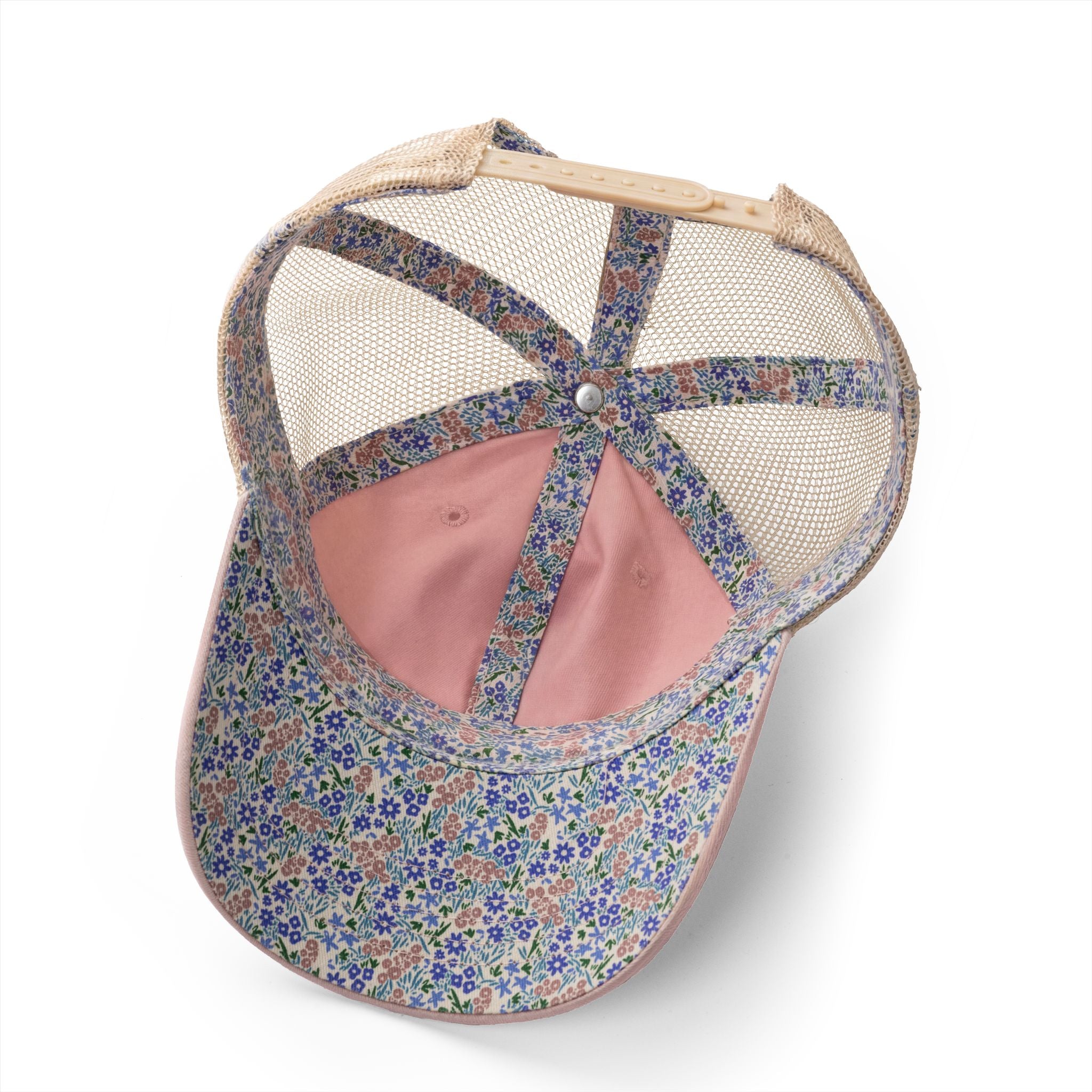 Washed mesh-back cap with floral patchwork panels and mesh back