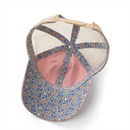 Washed mesh-back cap with floral patchwork panels and mesh back