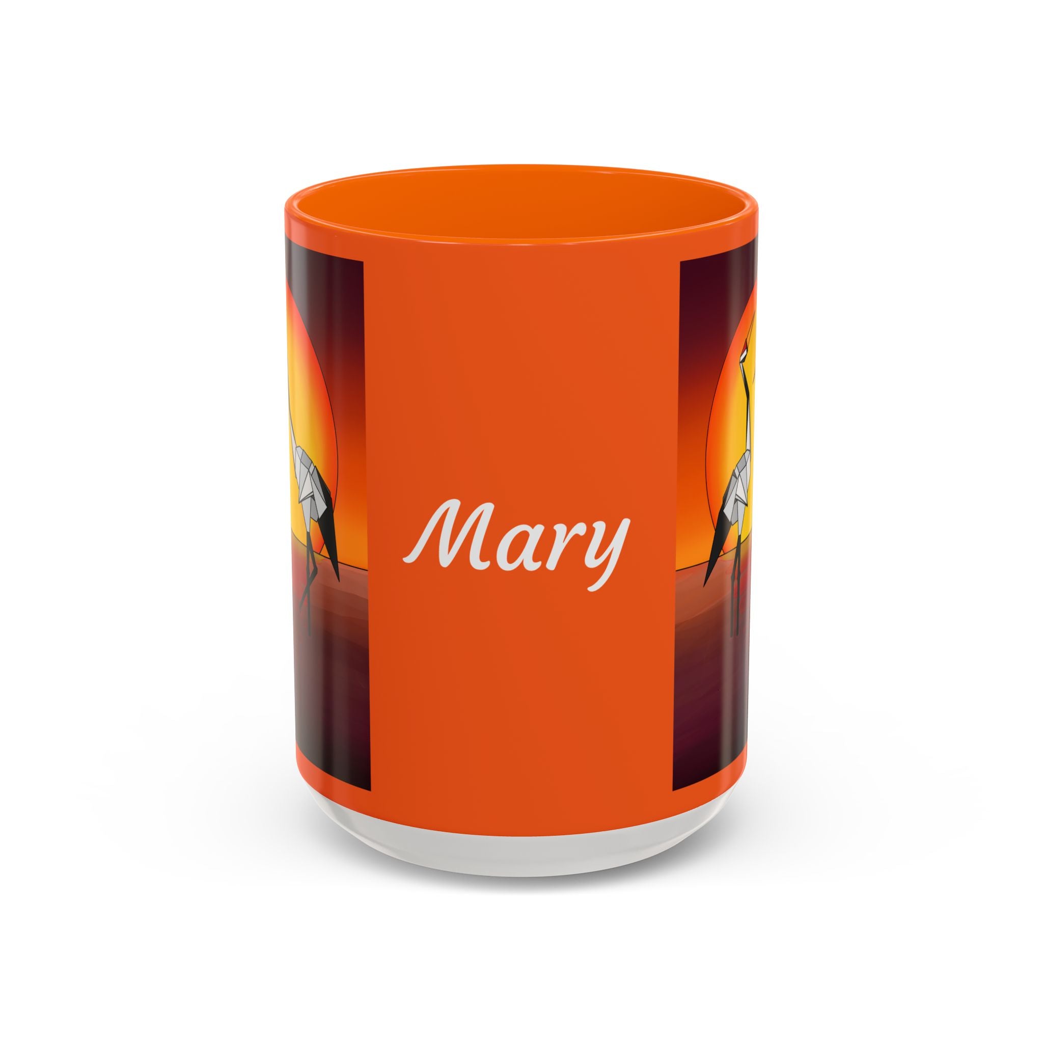Orange coffee mug with orange lid, “Mary” script and origami crane graphic on sides