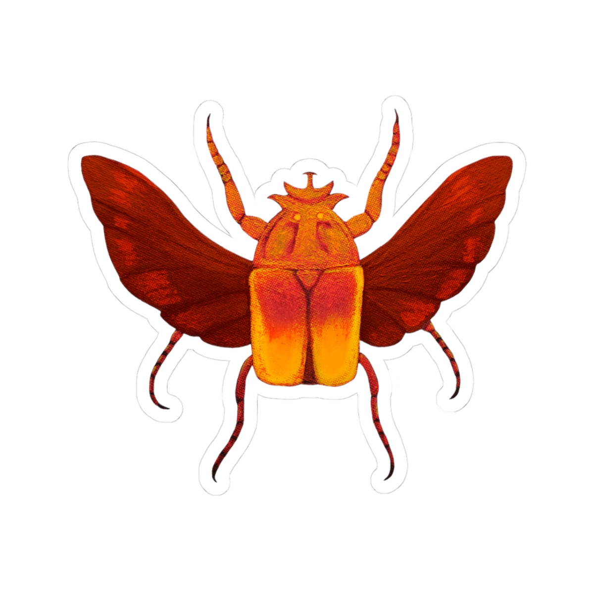 Beetle kiss-cut sticker with curled antennae, orange-and-red body, white outline on white