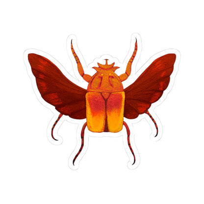 Beetle kiss-cut sticker with curled antennae, orange-and-red body, white outline on white