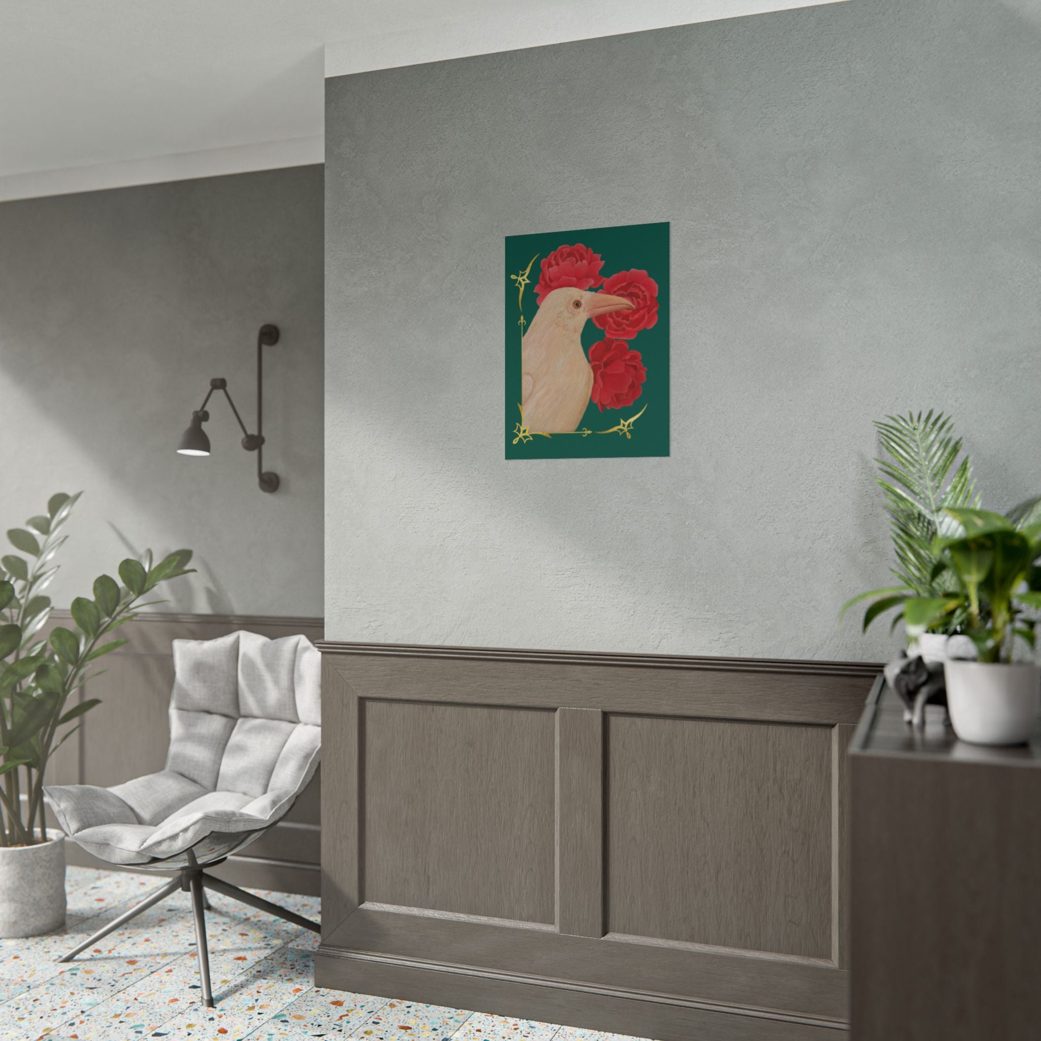 Ivory raven and red peonies wall poster print above a dresser