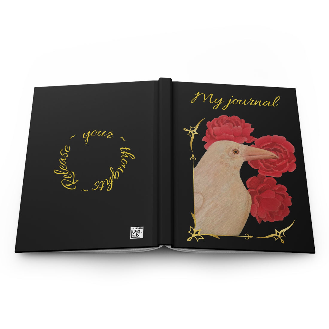 Hardcover matte journal, opened: black covers with &