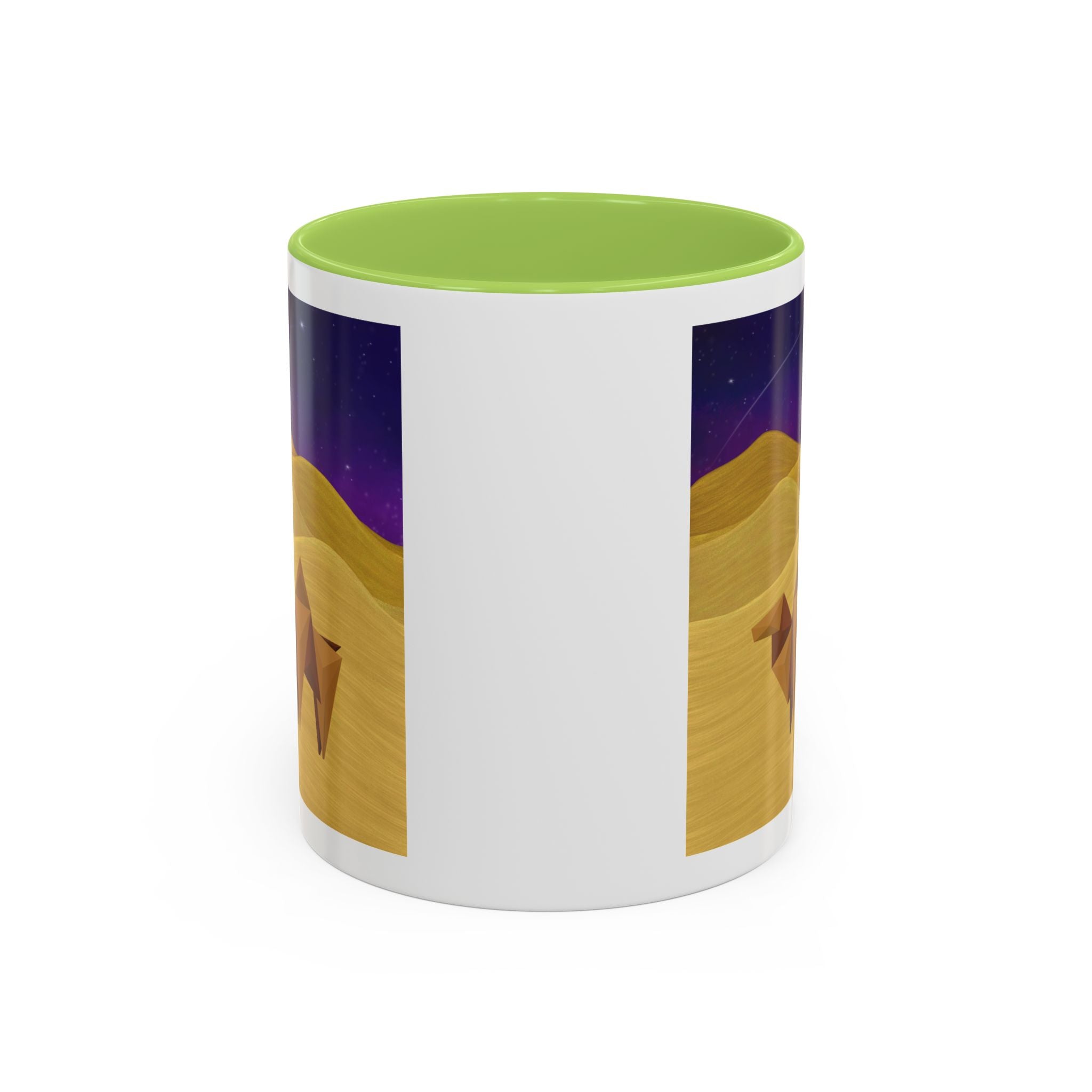 Coffee mug with origami camel night-sky graphic, white body, light green interior lid