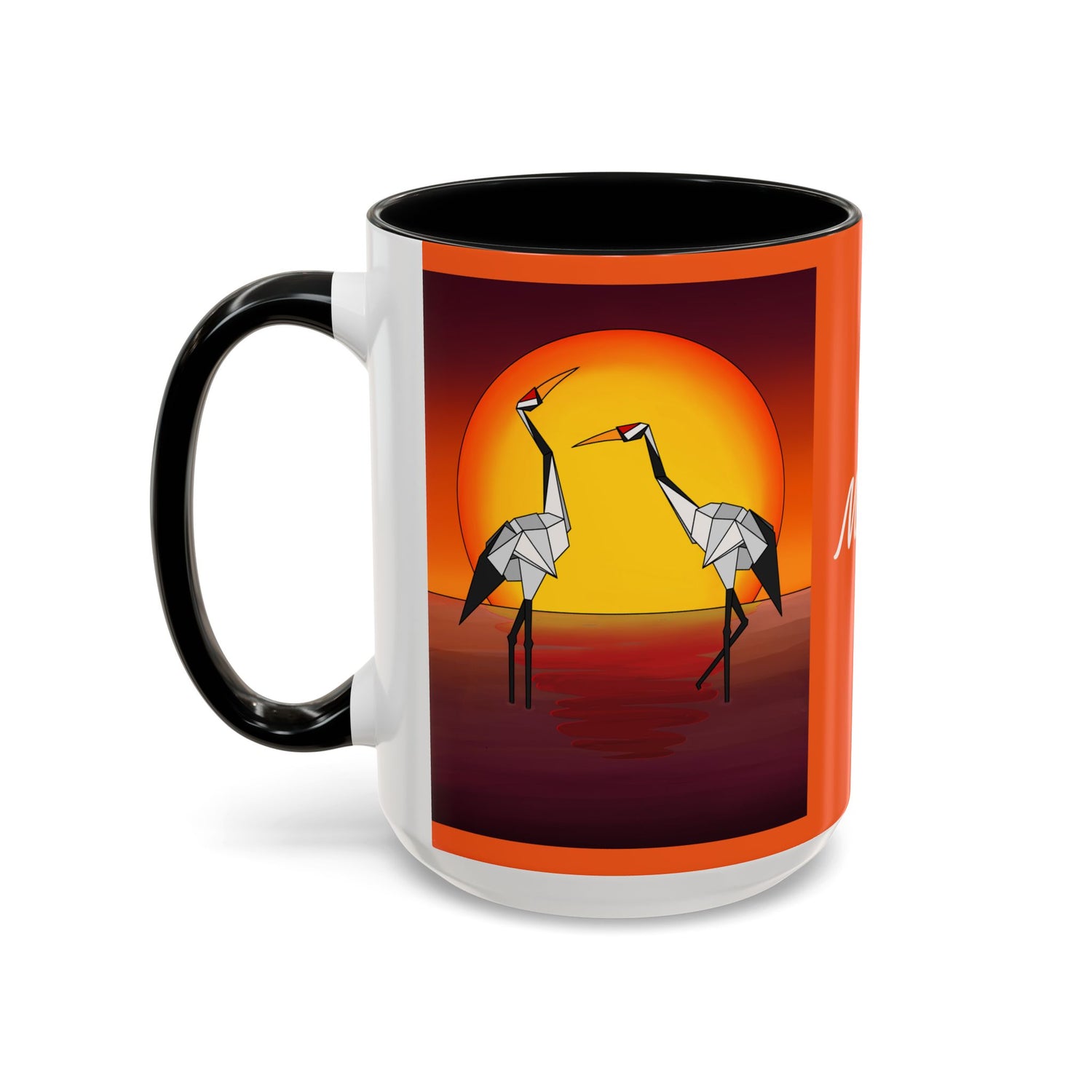 Orange coffee mug with origami crane sunset print and black handle, side view.