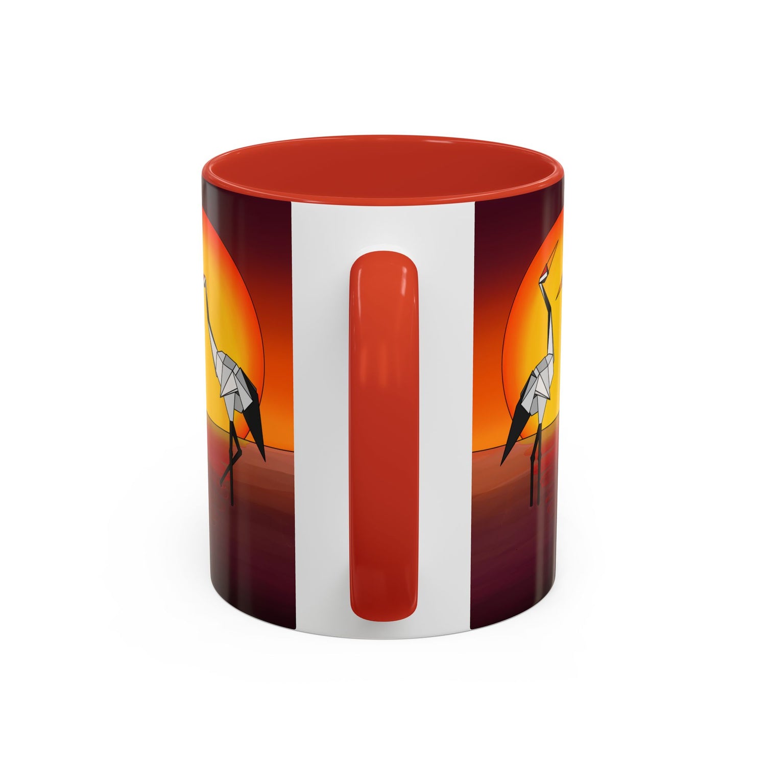 Red coffee mug with origami crane artwork and a vertical red stripe on white panel