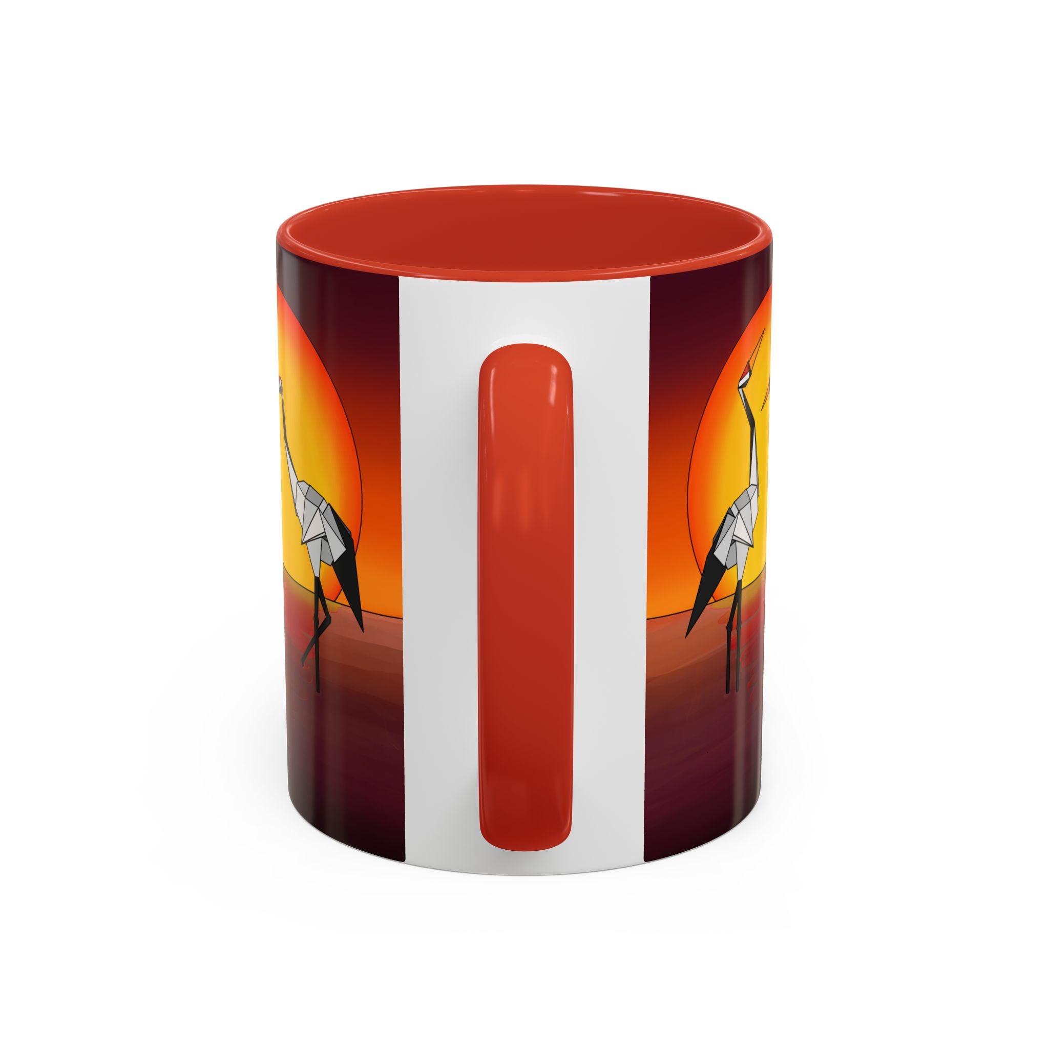Red coffee mug with origami crane artwork and a vertical red stripe on white panel