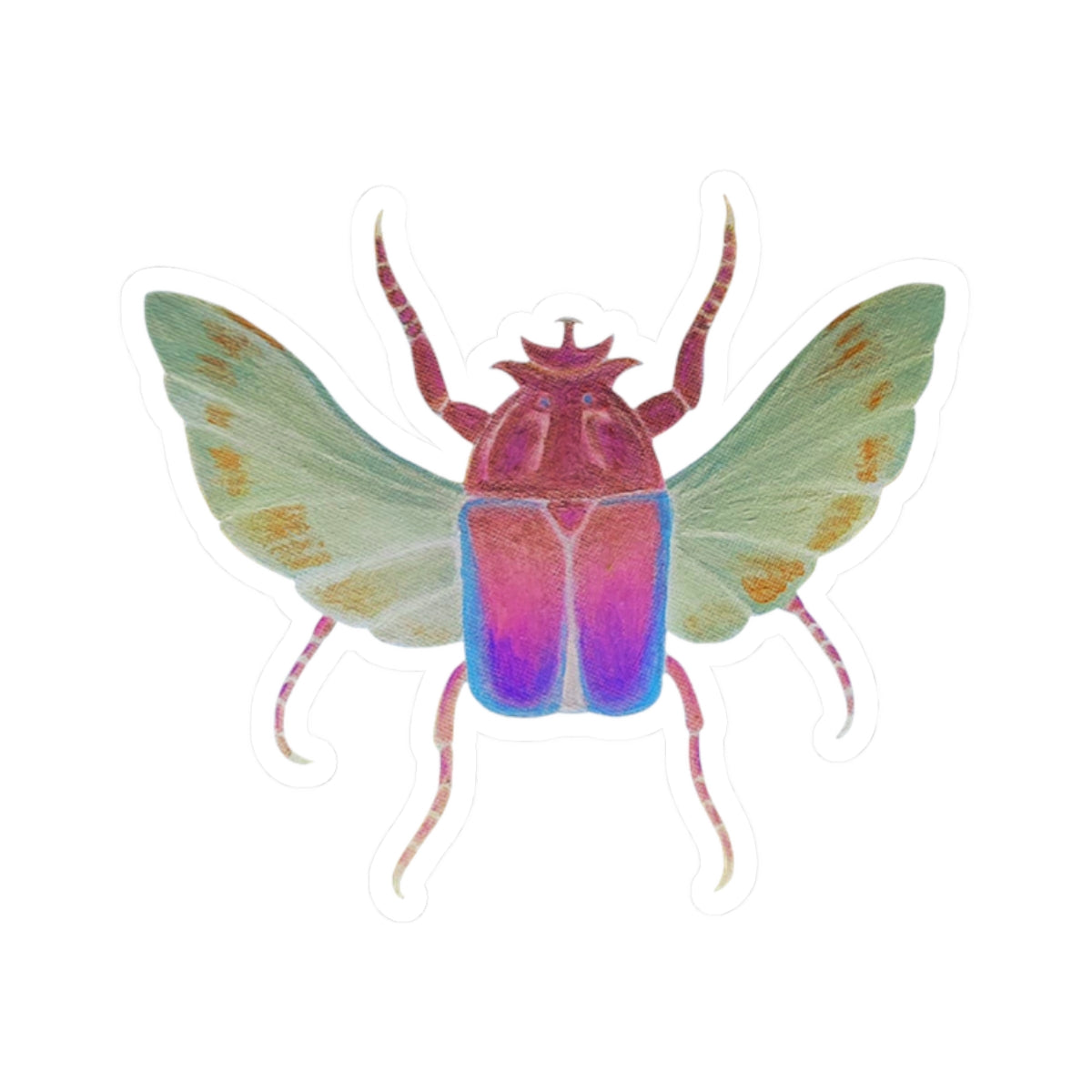 Iridescent beetle kiss-cut sticker with iridescent wings, antennae, and white kiss-cut edge