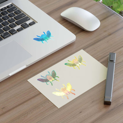Holographic die-cut sticker sheet with four colorful butterfly decals on a white page
