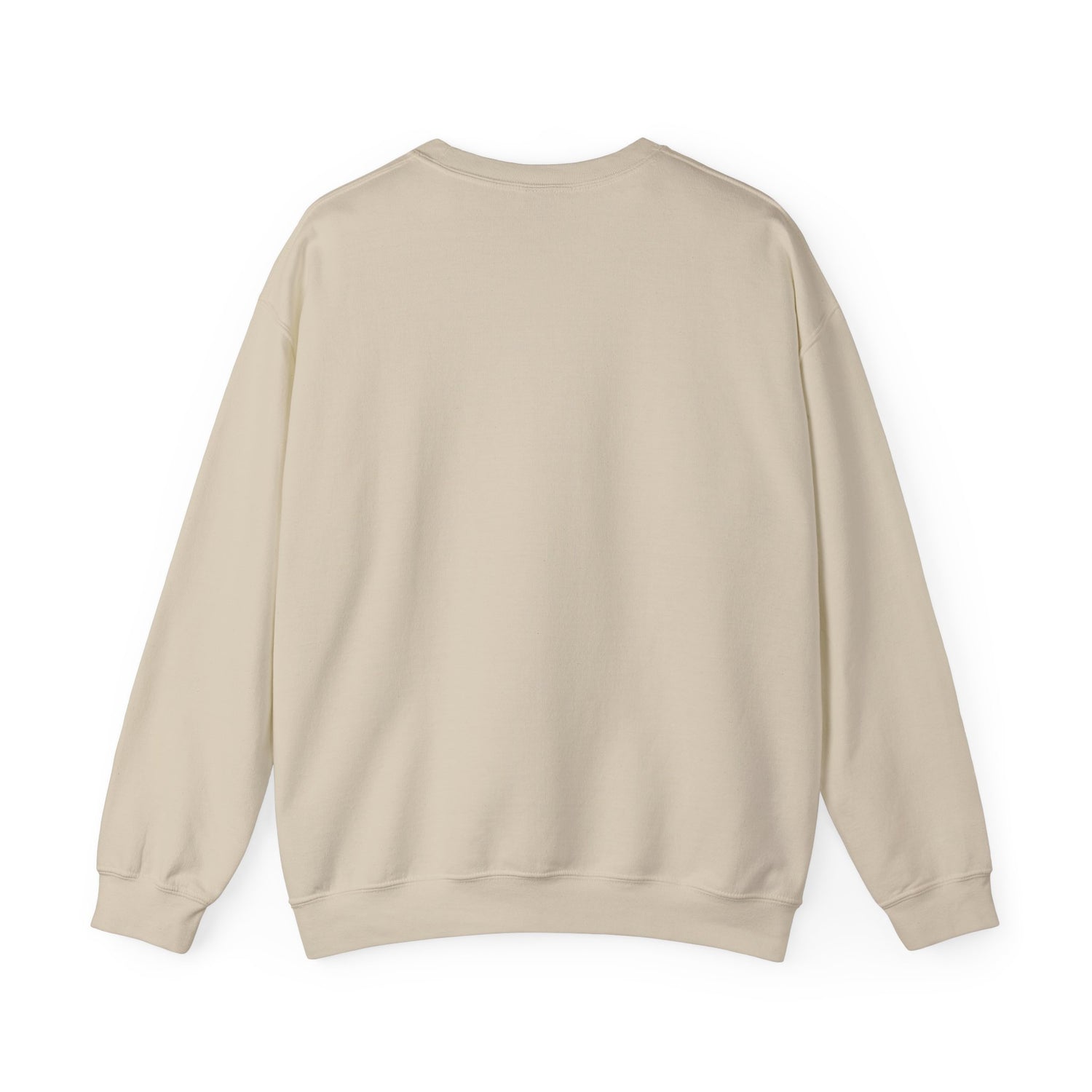 Light beige crewneck sweatshirt with ribbed cuffs and hem, back view.