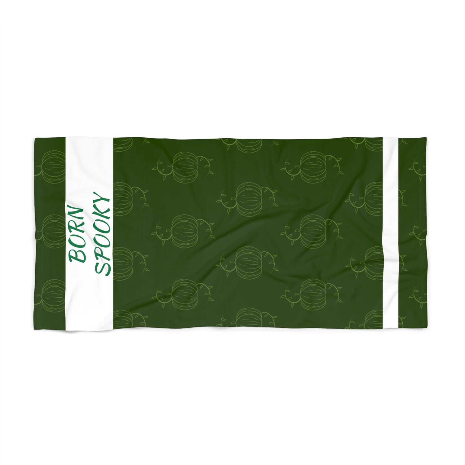 Green pumpkin-themed beach towel with repeating pumpkin pattern and white side stripes