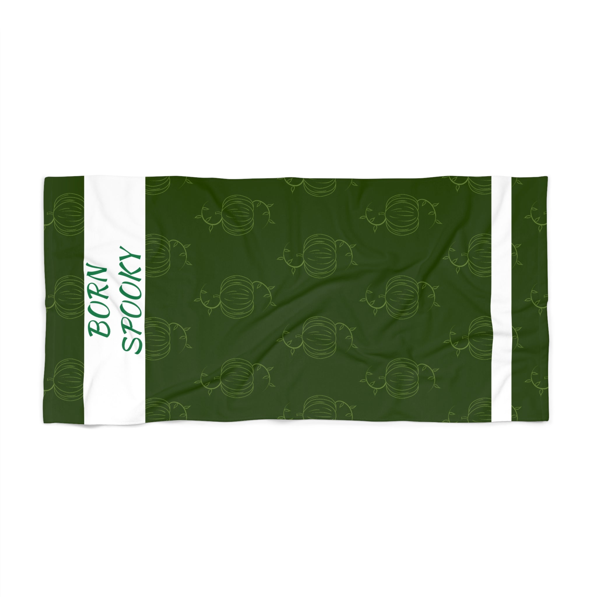 Green pumpkin-themed beach towel with repeating pumpkin pattern and white side stripes