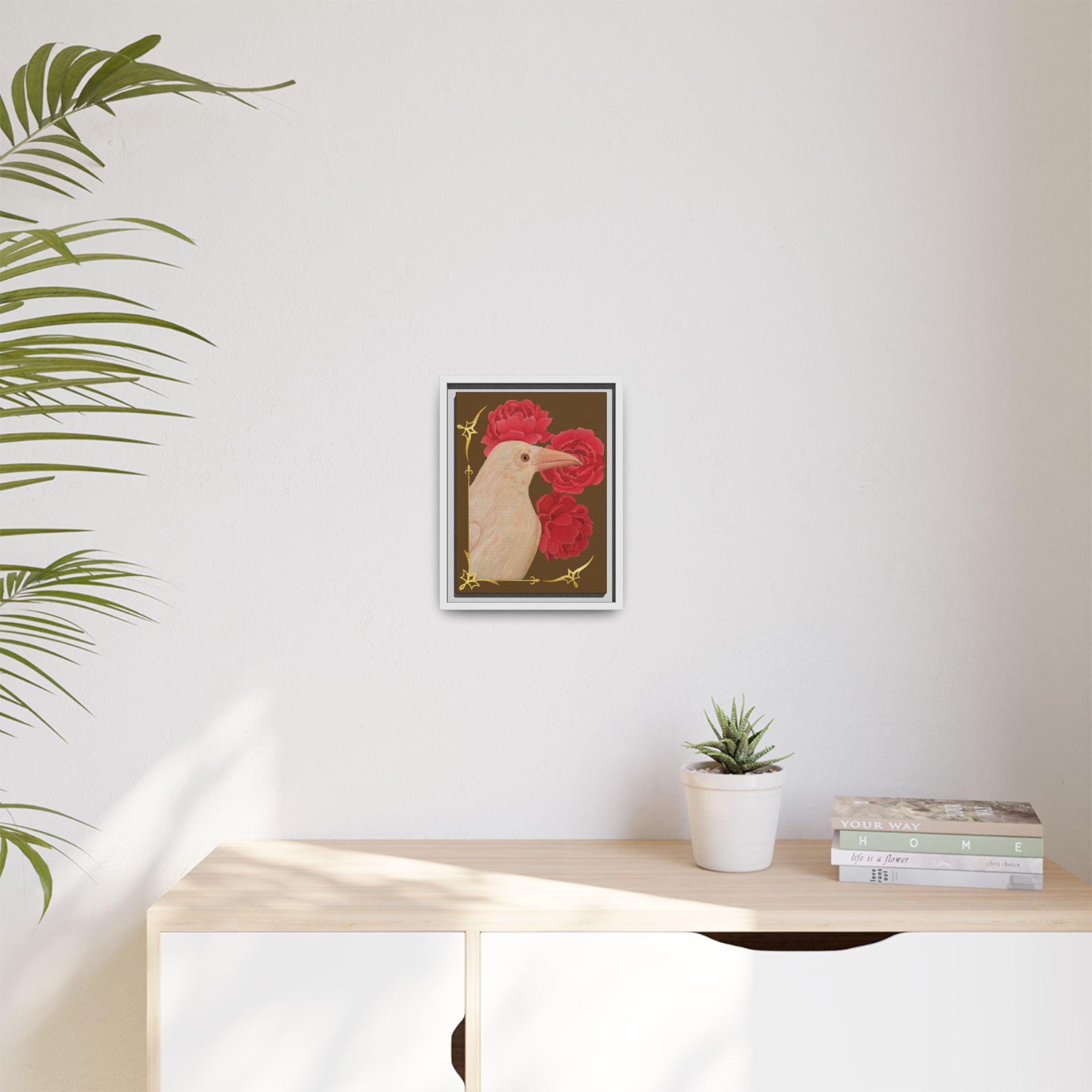 Framed matte canvas wall art with a white bird and red peonies, light frame