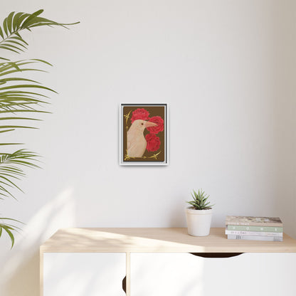 Framed matte canvas wall art with a white bird and red peonies, light frame