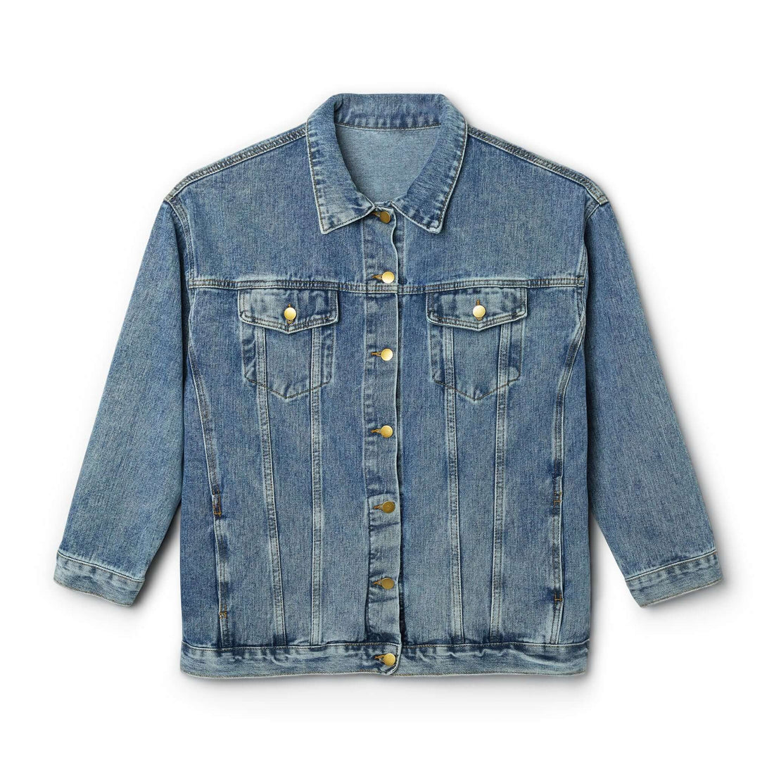 Women’s medium wash denim jacket, button front, pointed collar, chest flap pockets