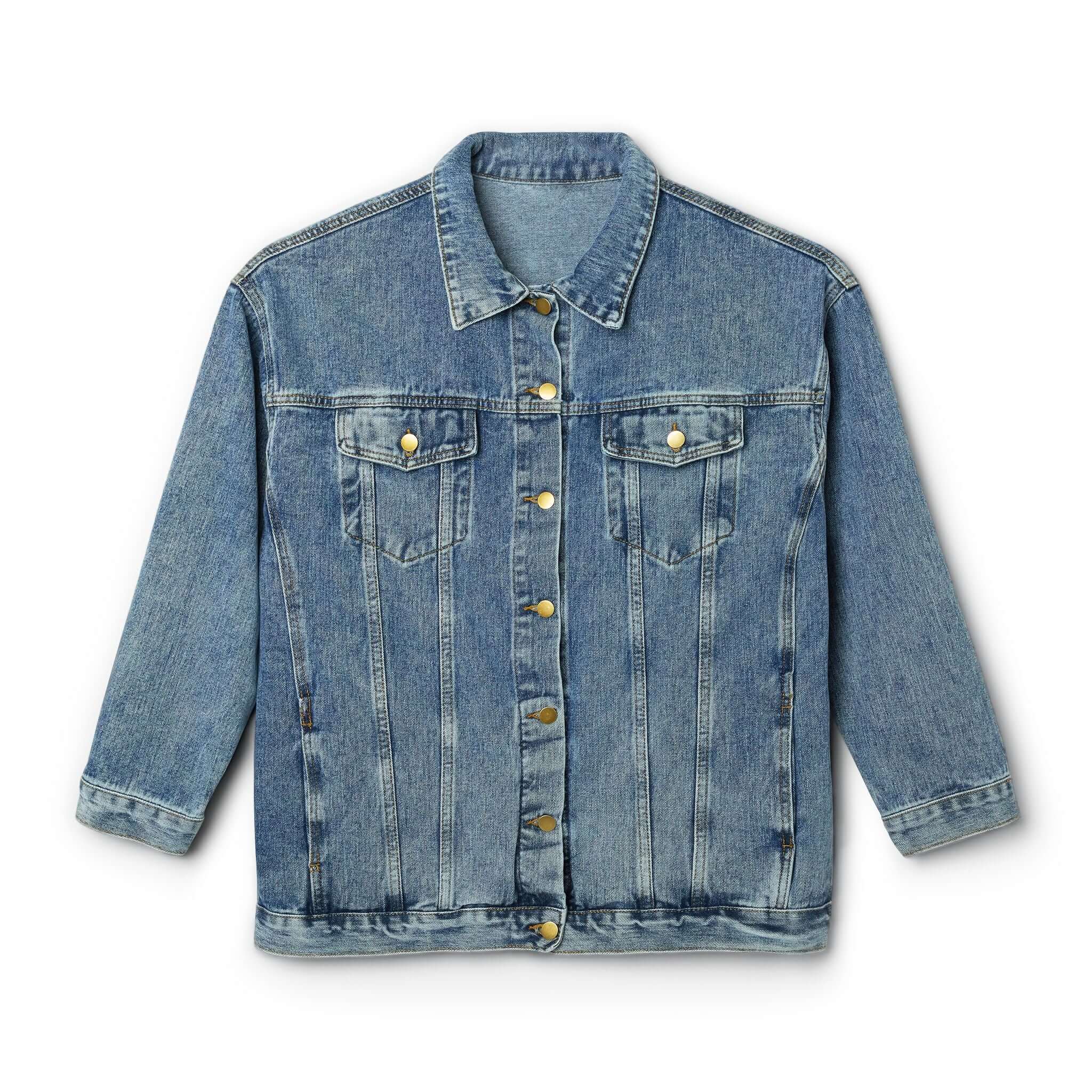 Women’s medium wash denim jacket, button front, pointed collar, chest flap pockets