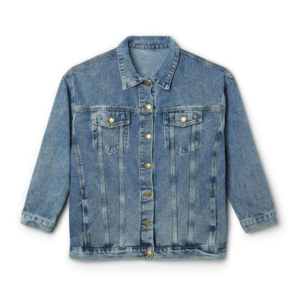 Women’s medium wash denim jacket, button front, pointed collar, chest flap pockets