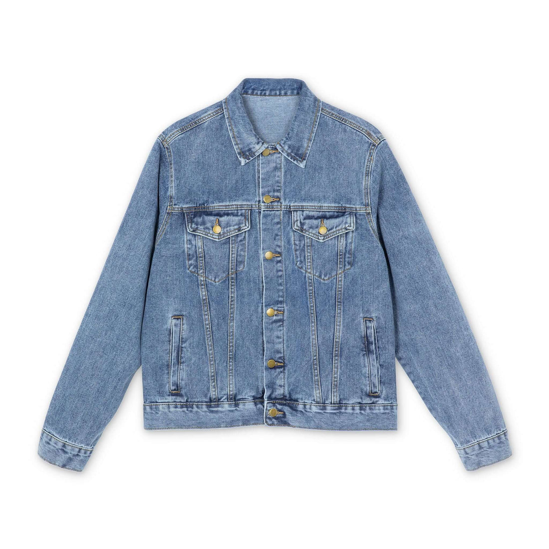 Medium-wash denim jacket with button front, stand collar, and chest pockets