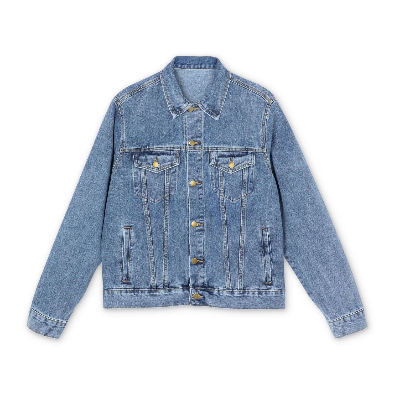 Medium-wash denim jacket with button front, stand collar, and chest pockets