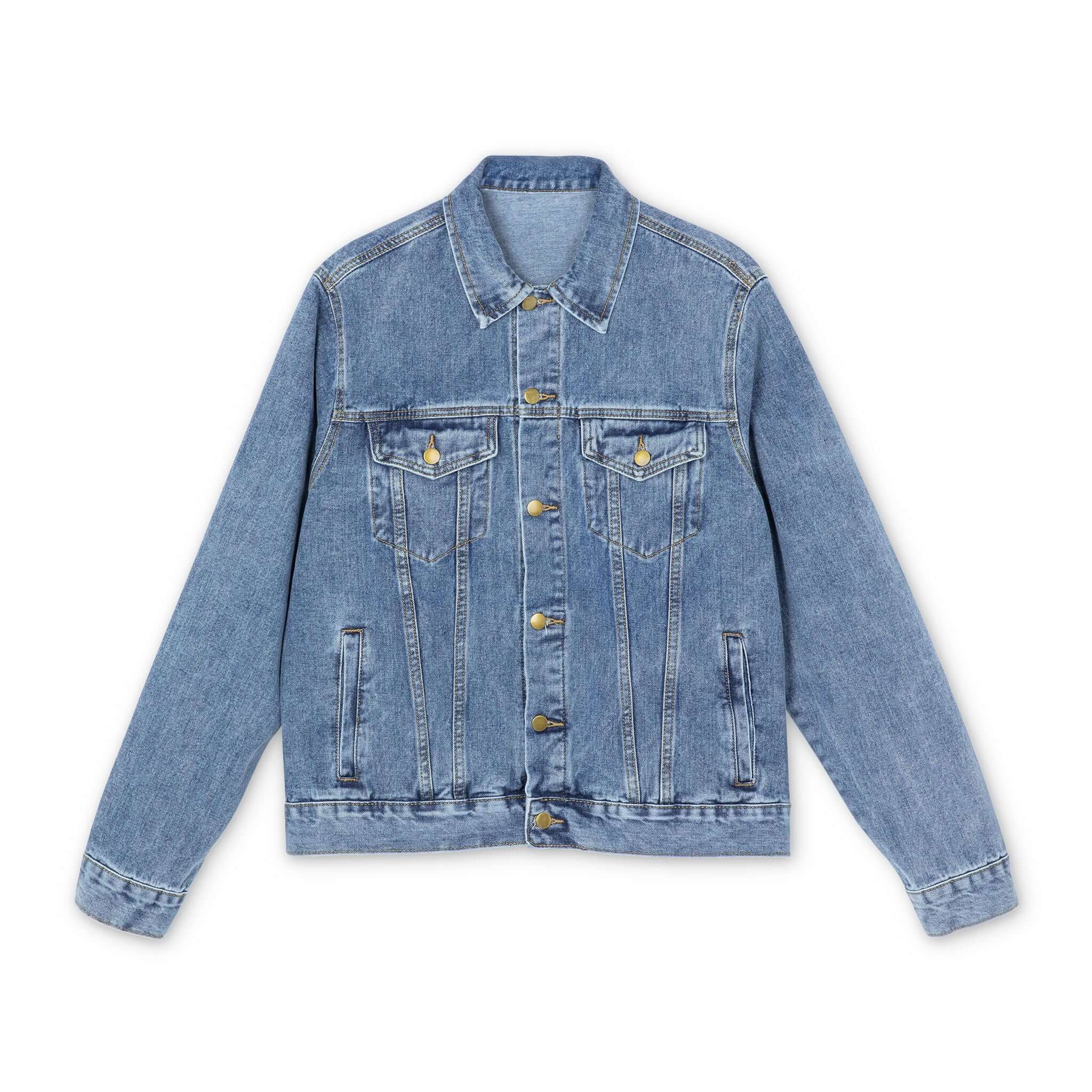 Medium-wash denim jacket with button front, stand collar, and chest pockets