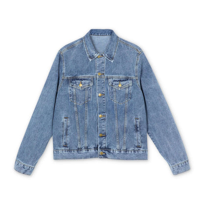 Medium-wash denim jacket with button front, stand collar, and chest pockets