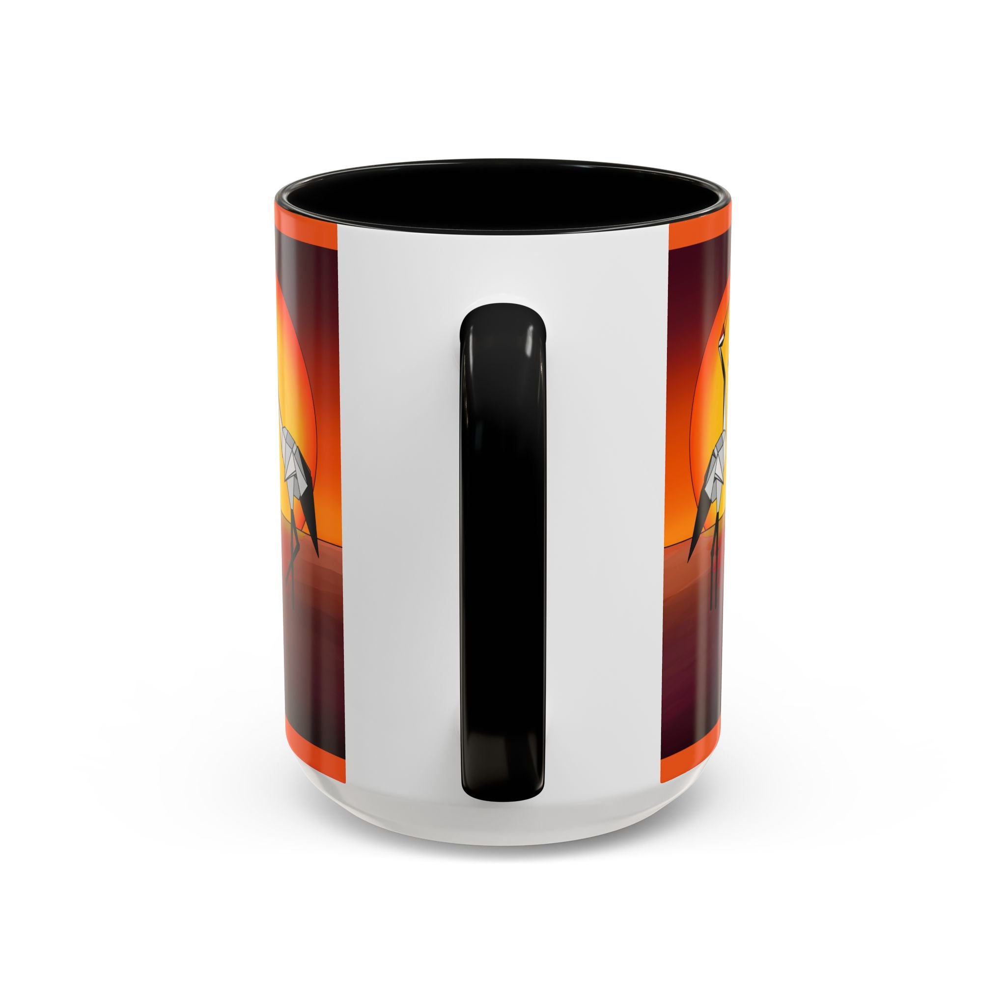 Coffee mug back panel with vertical black handle cutout; orange rim and accents.