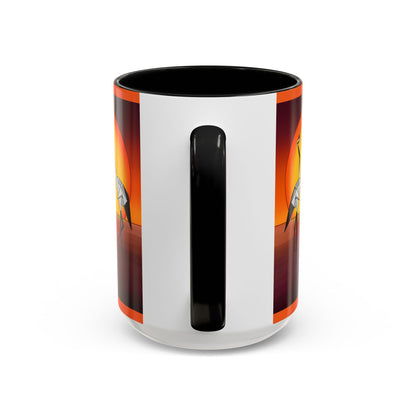 Coffee mug back panel with vertical black handle cutout; orange rim and accents.